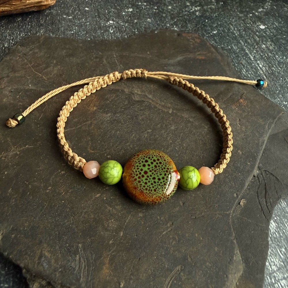 Handcrafted Macrame Beaded Bracelet with Green and Brown Accents